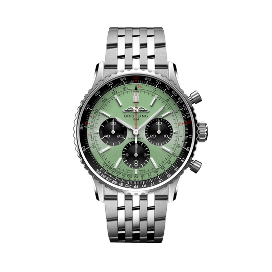 Breitling Navitimer chronograph watch with a light green dial, three black subdials, black numbered bezel and silver tone metal bracelet.
