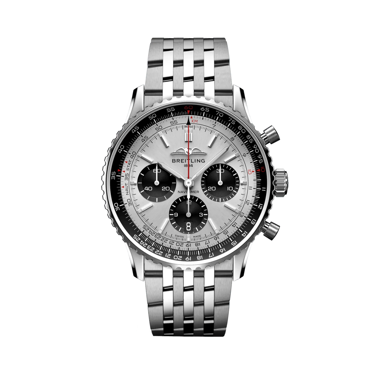 Breitling Navitimer chronograph watch with a silver dial, three black subdials, black numbered bezel and silver tone metal bracelet.
