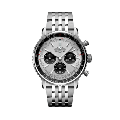 Breitling Navitimer chronograph watch with a silver dial, three black subdials, black numbered bezel and silver tone metal bracelet.