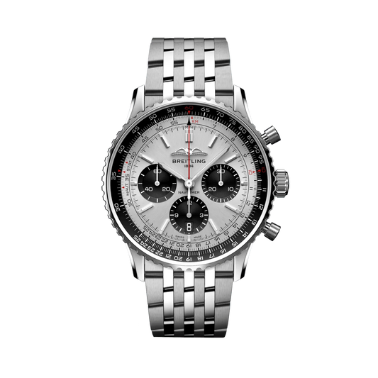 Breitling Navitimer chronograph watch with a silver dial, three black subdials, black numbered bezel and silver tone metal bracelet.