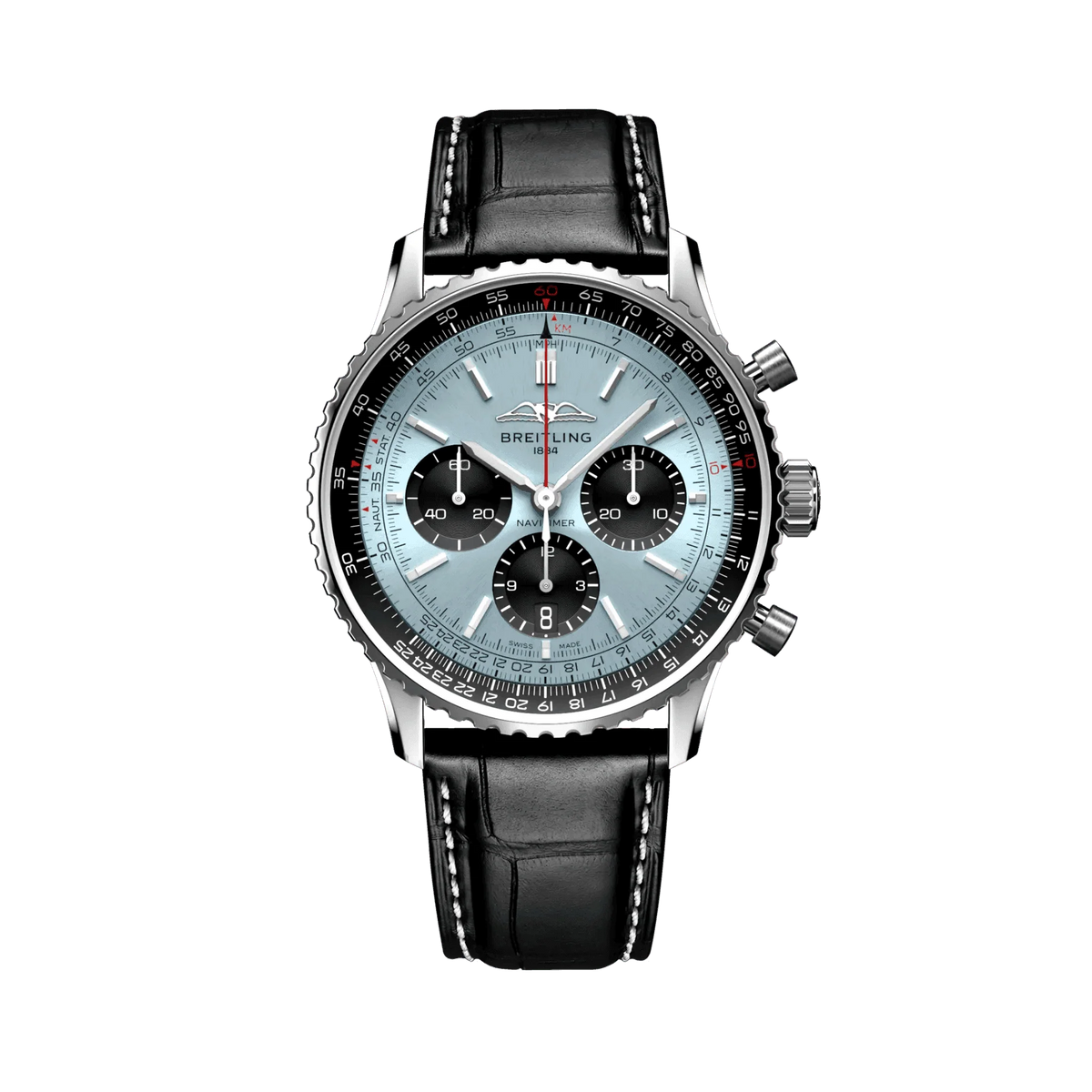 Breitling chronograph watch with a light blue dial, three black subdials, black numbered bezel, silver tone case and black leather strap with white stitching.