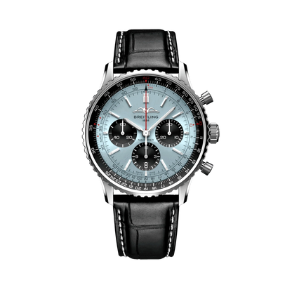 Breitling chronograph watch with a light blue dial, three black subdials, black numbered bezel, silver tone case and black leather strap with white stitching.