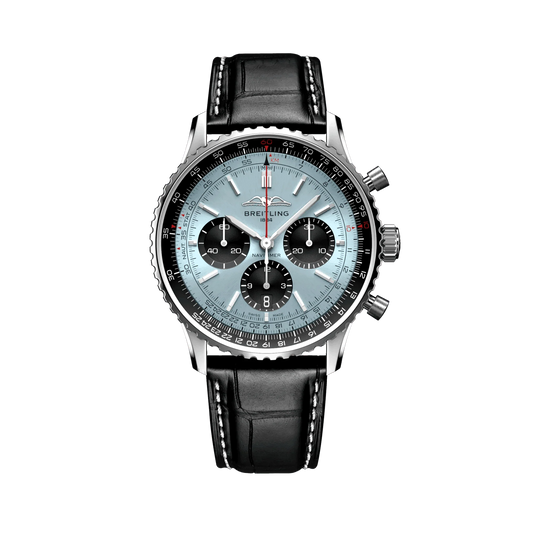Breitling chronograph watch with a light blue dial, three black subdials, black numbered bezel, silver tone case and black leather strap with white stitching.