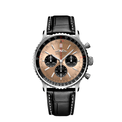 Breitling Navitimer chronograph watch with a copper dial, three black subdials, a black slide rule bezel and a black leather strap.