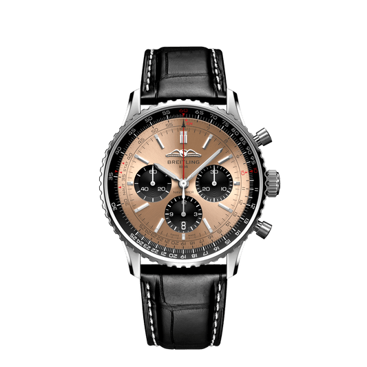 Breitling Navitimer chronograph watch with a copper dial, three black subdials, a black slide rule bezel and a black leather strap.