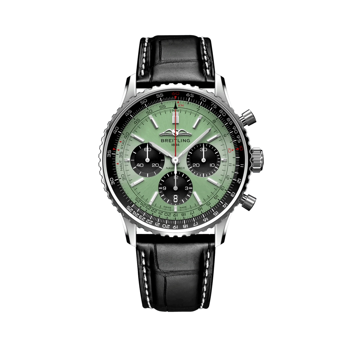 Breitling chronograph watch with a light green dial, three black subdials, black numbered bezel, silver tone case and black leather strap with white stitching.