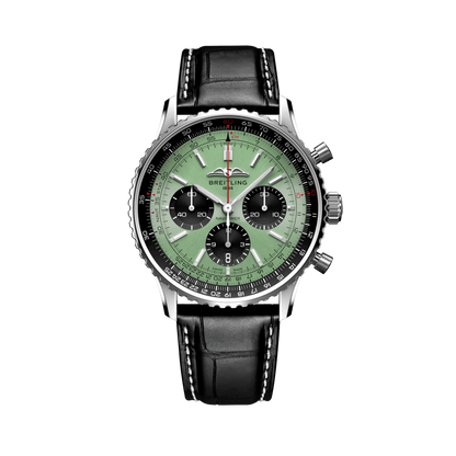 Breitling chronograph watch with a light green dial, three black subdials, black numbered bezel, silver tone case and black leather strap with white stitching.