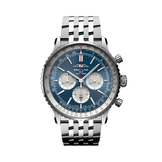 Breitling Navitimer chronograph watch with a blue dial, three white subdials, silver slide rule bezel, and stainless steel bracelet.