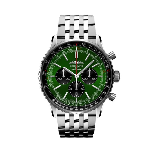 A Breitling Super Marine chronograph watch with a vibrant green dial, silver-tone stainless steel case, and matching green-and-silver link bracelet.