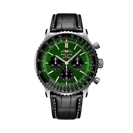 A Breitling Navitimer 40 watch with a vibrant green dial, black subdials, a silver-tone stainless steel case, and a black leather strap with white stitching.