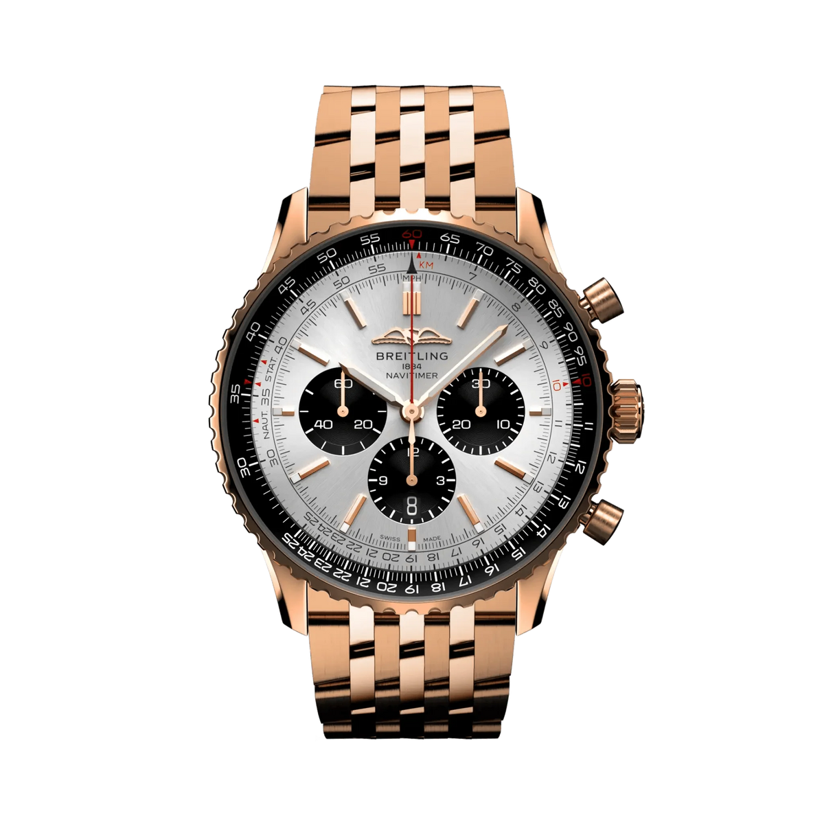 Breitling Navitimer chronograph watch with a silver dial, three black subdials, black numbered bezel and rose gold tone case and metal bracelet.