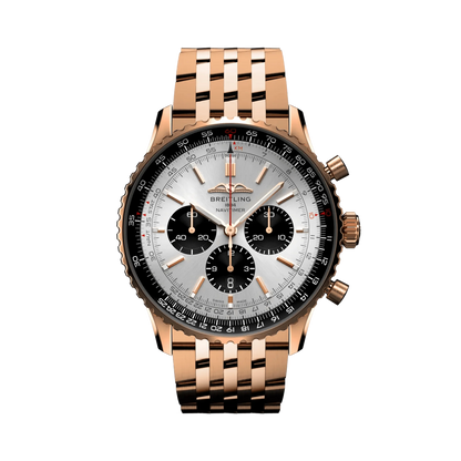 Breitling Navitimer chronograph watch with a silver dial, three black subdials, black numbered bezel and rose gold tone case and metal bracelet.
