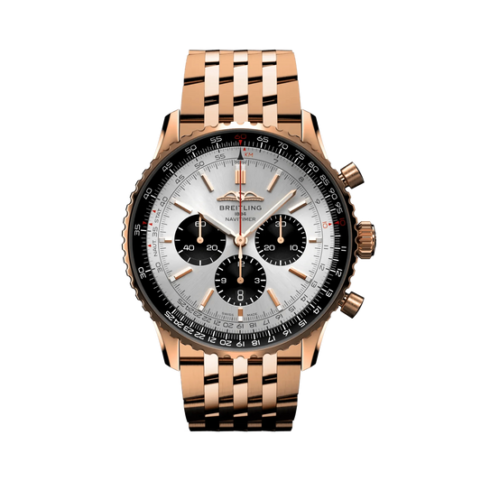 Breitling Navitimer chronograph watch with a silver dial, three black subdials, black numbered bezel and rose gold tone case and metal bracelet.