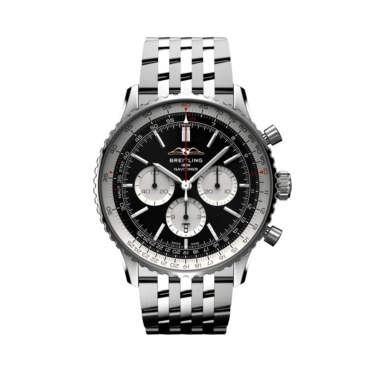 Breitling Navitimer chronograph watch with a black dial, three silver subdials, silver numbered bezel and silver tone metal bracelet.