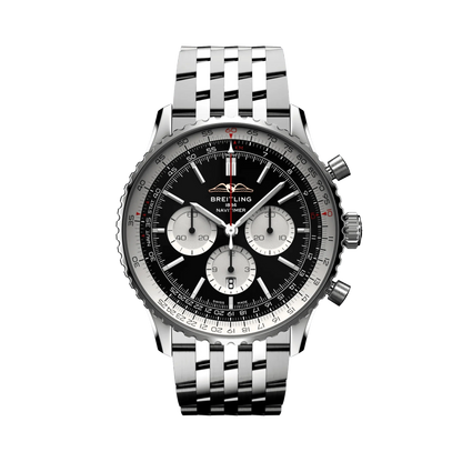 Breitling Navitimer chronograph watch with a black dial, three silver subdials, silver numbered bezel and silver tone metal bracelet.