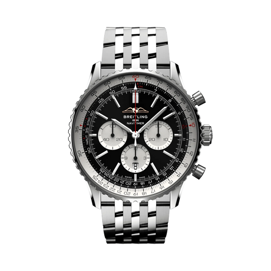 Breitling Navitimer chronograph watch with a black dial, three silver subdials, silver numbered bezel and silver tone metal bracelet.