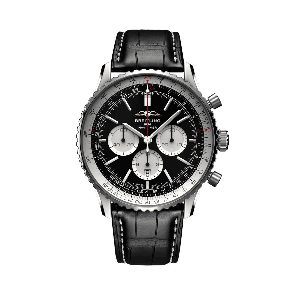 Breitling Navitimer chronograph watch with a black dial, three silver subdials, silver tone numbered bezel and black leather strap with white stitching.