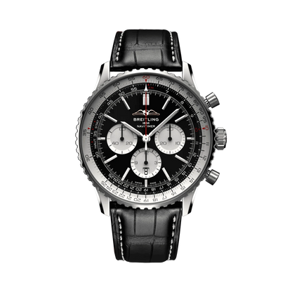 Breitling Navitimer chronograph watch with a black dial, three silver subdials, silver tone numbered bezel and black leather strap with white stitching.