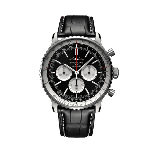 Breitling Navitimer chronograph watch with a black dial, three silver subdials, silver tone numbered bezel and black leather strap with white stitching.