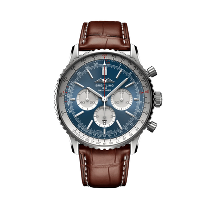 Breitling Navitimer chronograph watch with a blue dial, three silver subdials, silver tone numbered bezel and brown leather strap with white stitching.