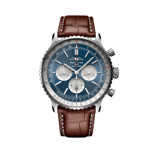 Breitling Navitimer chronograph watch with a blue dial, three silver subdials, silver tone numbered bezel and brown leather strap with white stitching.