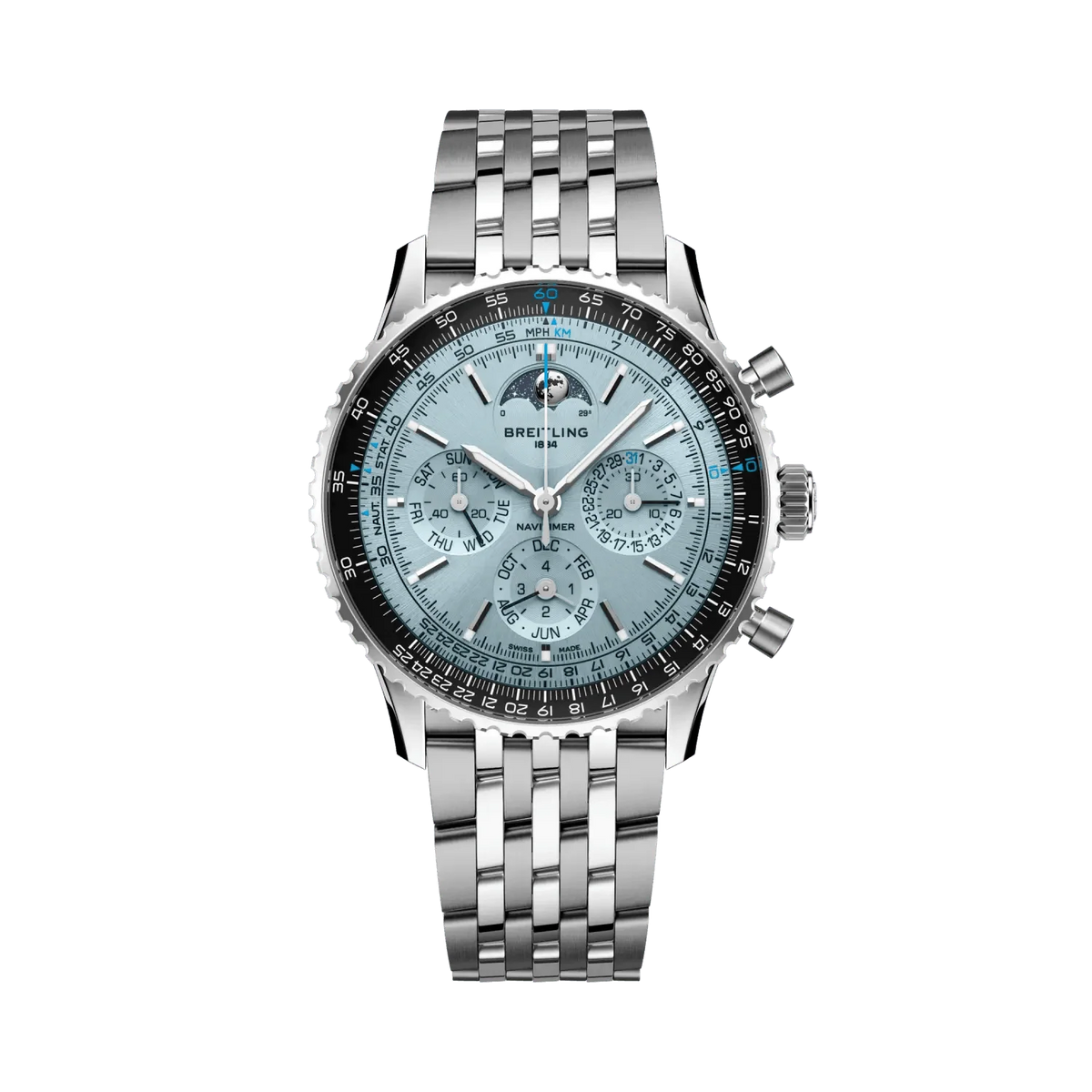 Breitling Navitimer chronograph watch with a light blue dial, three subdials, moon phase display, black numbered bezel and silver tone metal bracelet.