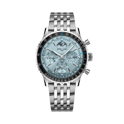 Breitling Navitimer chronograph watch with a light blue dial, three subdials, moon phase display, black numbered bezel and silver tone metal bracelet.