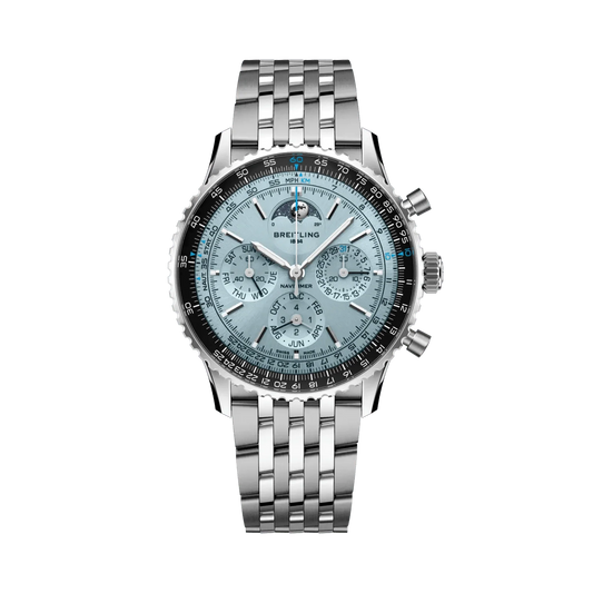 Breitling Navitimer chronograph watch with a light blue dial, three subdials, moon phase display, black numbered bezel and silver tone metal bracelet.