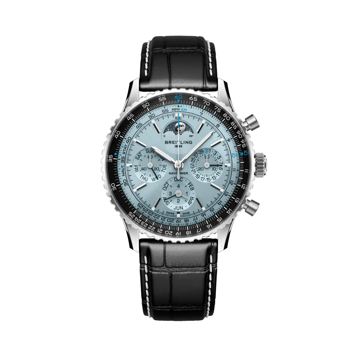 Breitling Navitimer chronograph watch with a light blue dial, three subdials, moon phase display, black numbered bezel and black leather strap with white stitching.