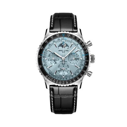 Breitling Navitimer chronograph watch with a light blue dial, three subdials, moon phase display, black numbered bezel and black leather strap with white stitching.