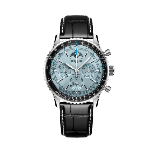 Breitling Navitimer chronograph watch with a light blue dial, three subdials, moon phase display, black numbered bezel and black leather strap with white stitching.