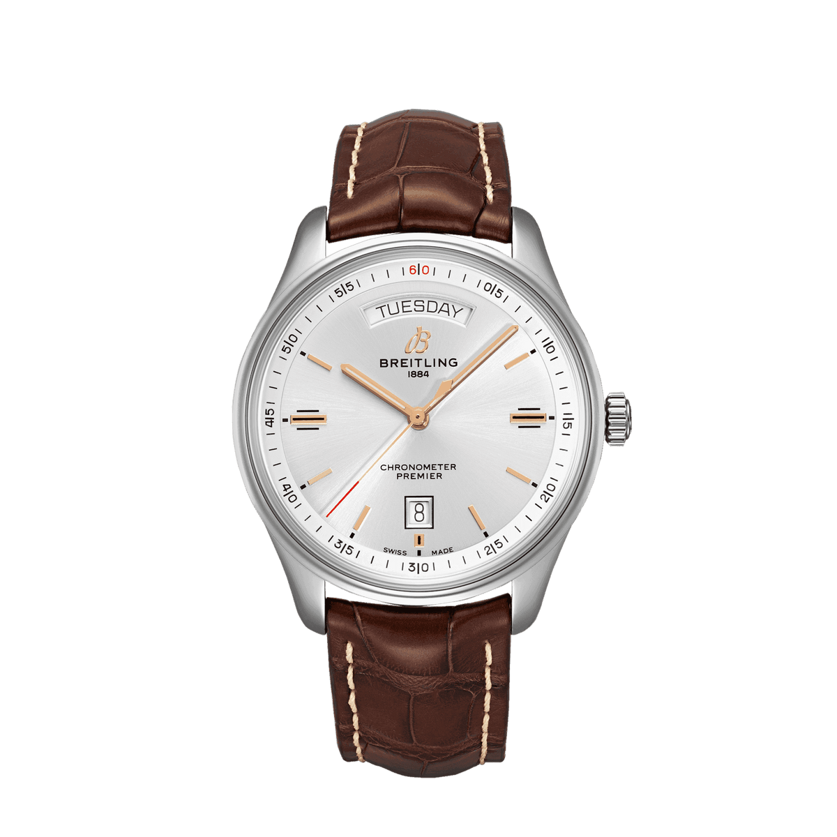 Breitling Premier wristwatch with a silver dial, day and date displays, rose gold tone hands and a brown leather strap.