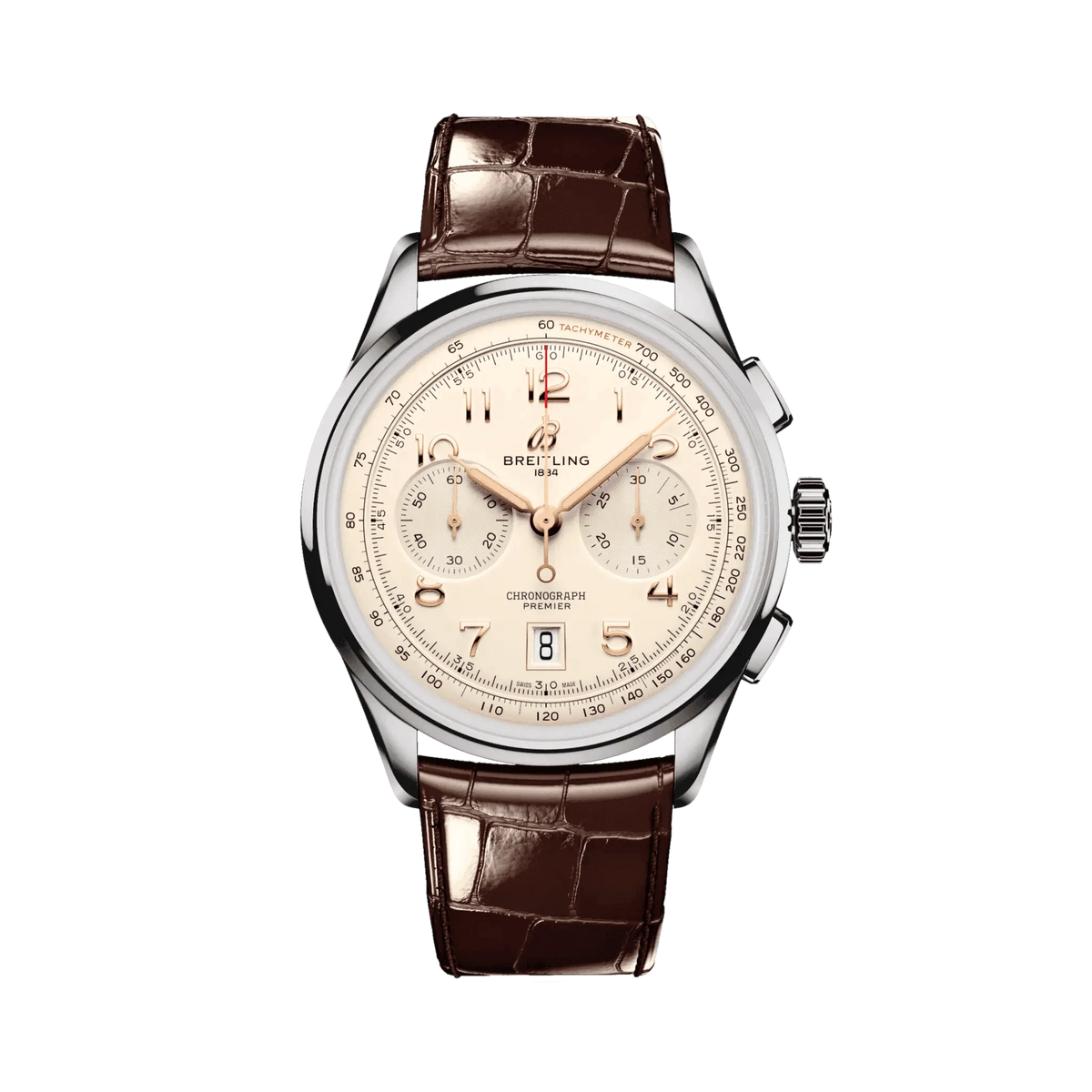 Breitling chronograph watch with a cream dial, two matching subdials, rose gold tone hands and numerals, date display, silver tone case and brown leather strap.