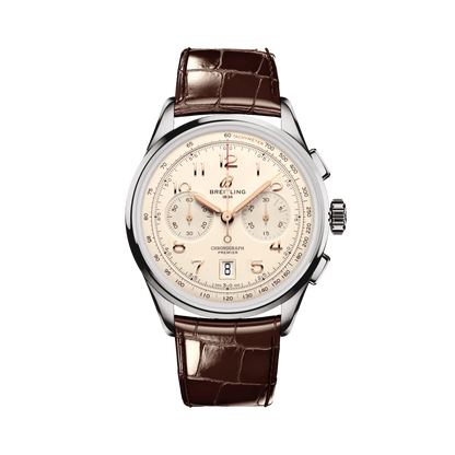Breitling chronograph watch with a cream dial, two matching subdials, rose gold tone hands and numerals, date display, silver tone case and brown leather strap.