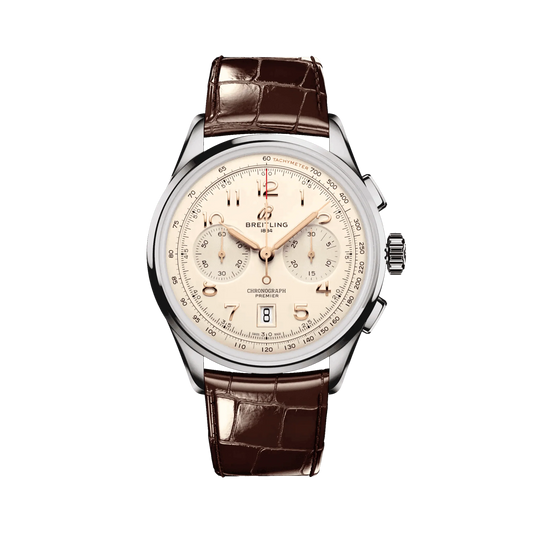 Breitling chronograph watch with a cream dial, two matching subdials, rose gold tone hands and numerals, date display, silver tone case and brown leather strap.