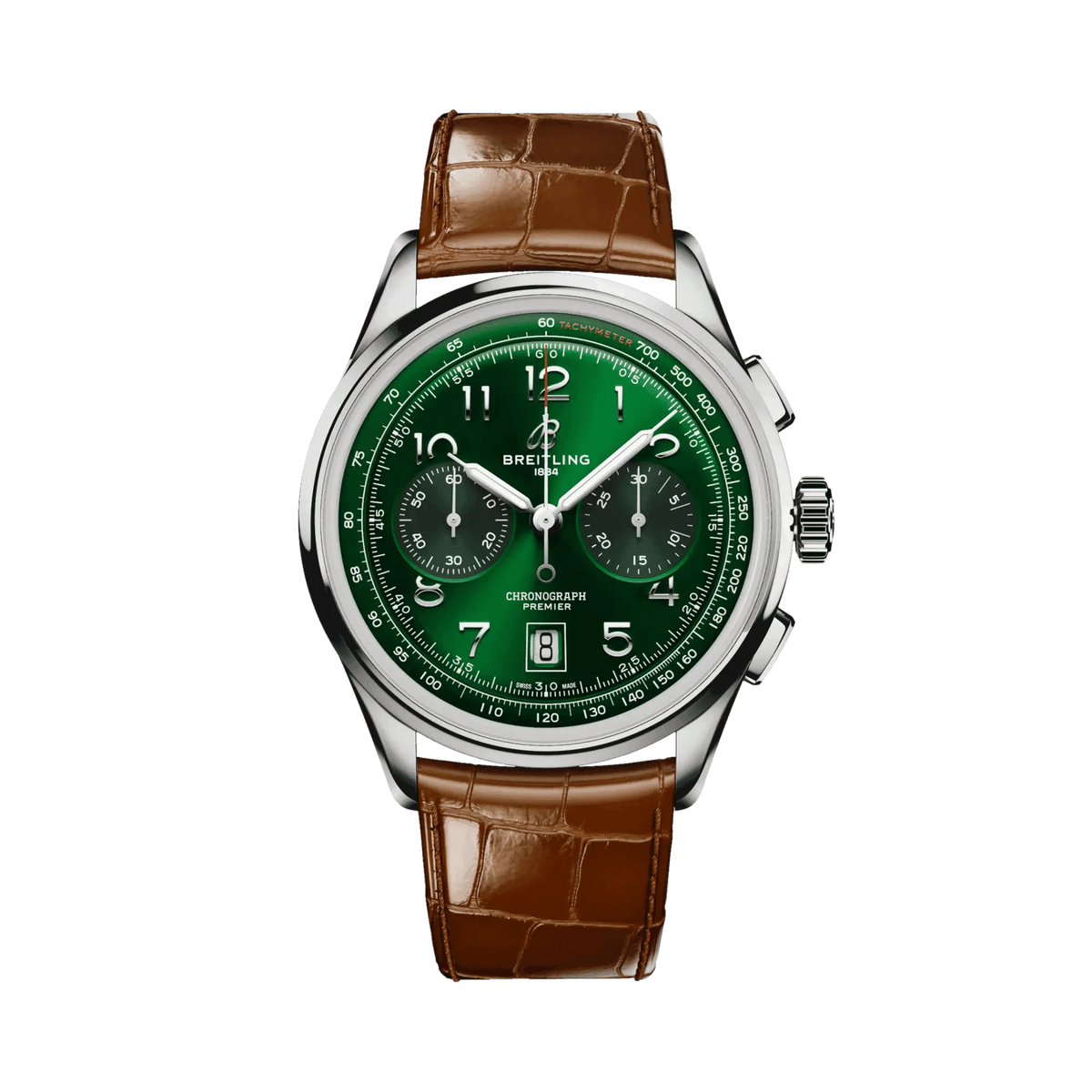 Breitling chronograph watch with a green dial, two matching subdials, silver Arabic numerals, date display, silver tone case and brown leather strap.