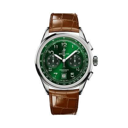 Breitling chronograph watch with a green dial, two matching subdials, silver Arabic numerals, date display, silver tone case and brown leather strap.