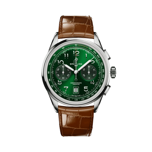 Breitling chronograph watch with a green dial, two matching subdials, silver Arabic numerals, date display, silver tone case and brown leather strap.