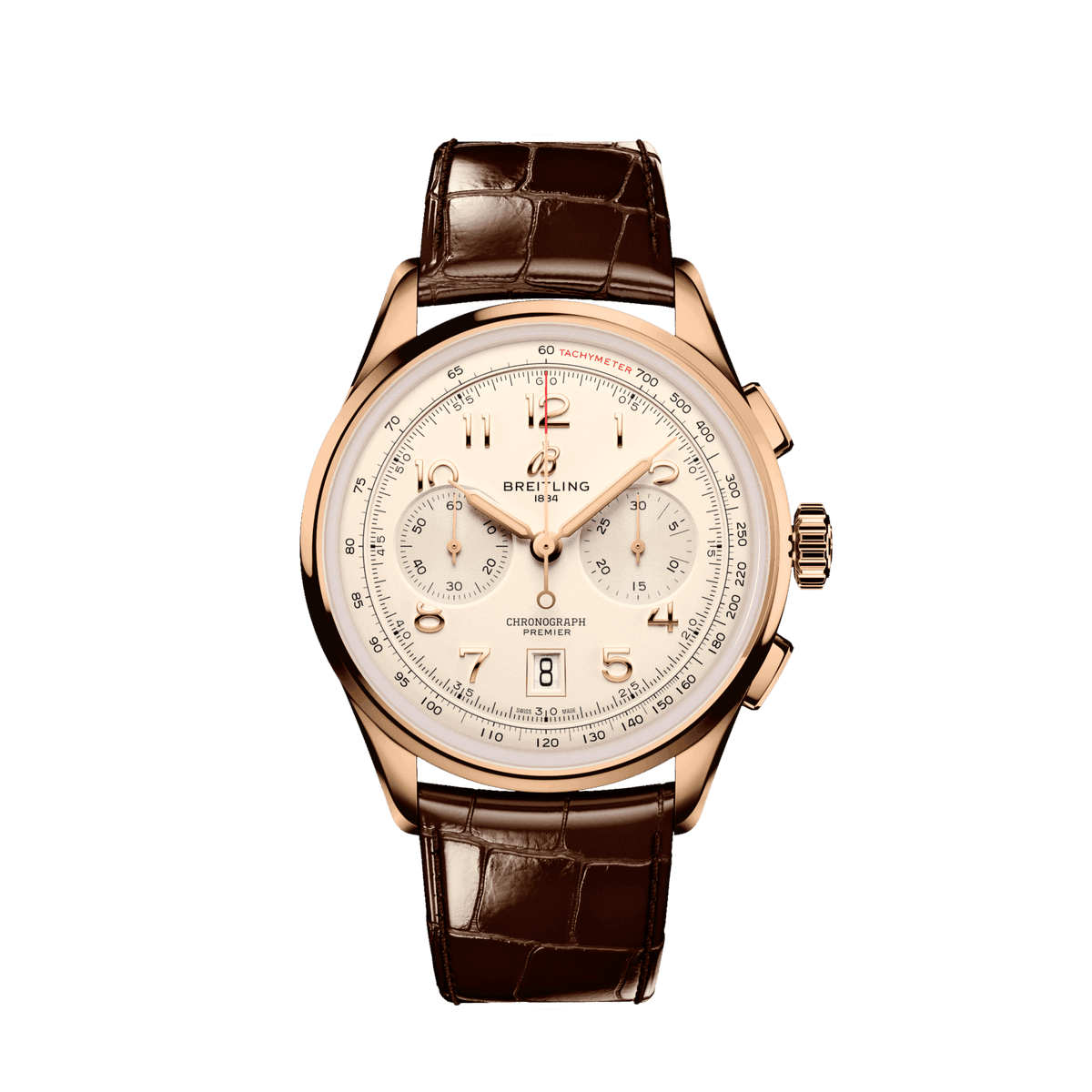 Breitling Premier chronograph watch with a cream dial, rose gold tone case, three subdials and a brown leather strap.