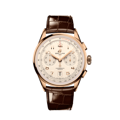 Breitling Premier chronograph watch with a cream dial, rose gold tone case, three subdials and a brown leather strap.