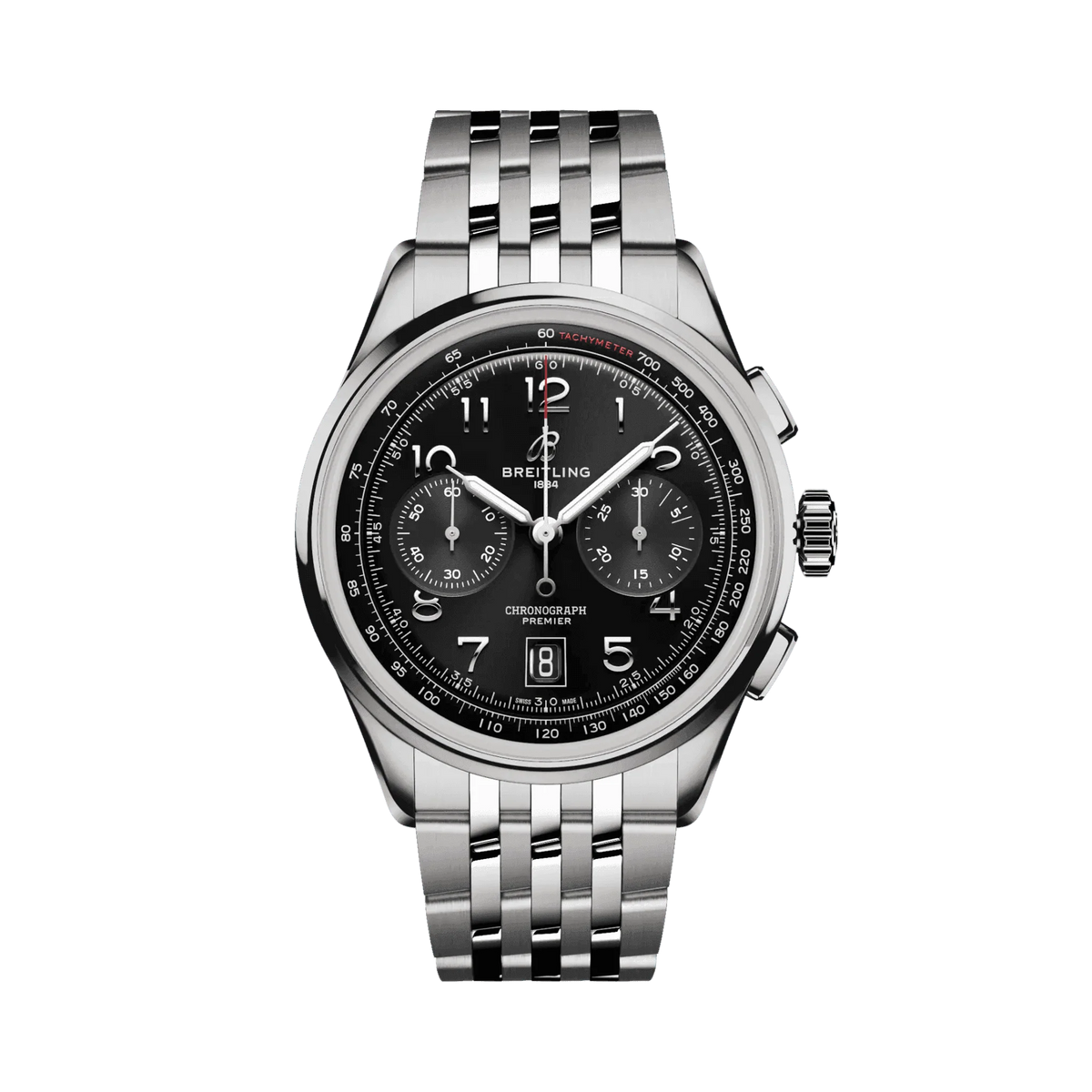 Breitling chronograph watch with a black dial, two subdials, Arabic numerals, date window at 6 o’clock, silver tone case and metal bracelet.