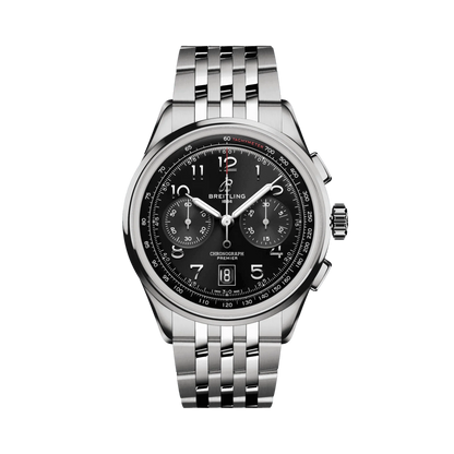 Breitling chronograph watch with a black dial, two subdials, Arabic numerals, date window at 6 o’clock, silver tone case and metal bracelet.