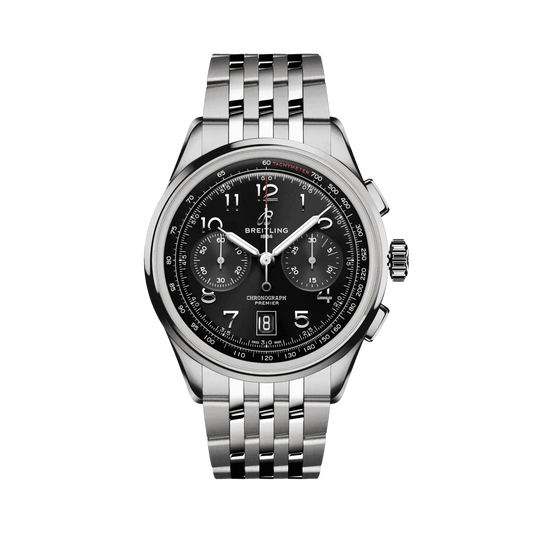 Breitling chronograph watch with a black dial, two subdials, Arabic numerals, date window at 6 o’clock, silver tone case and metal bracelet.