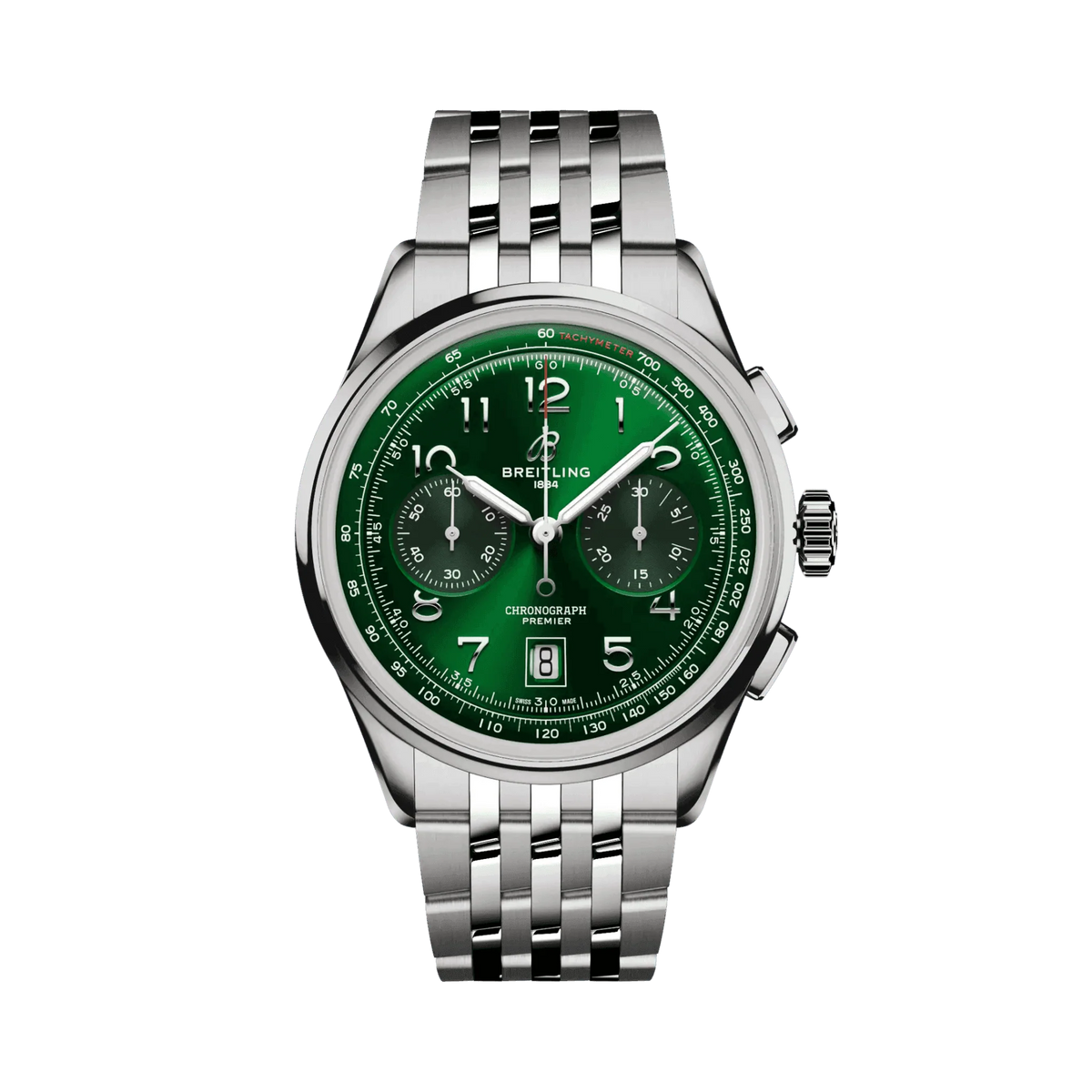 Breitling chronograph watch with a green dial, two dark subdials, Arabic numerals, date window at 6 o’clock, silver tone case and metal bracelet.
