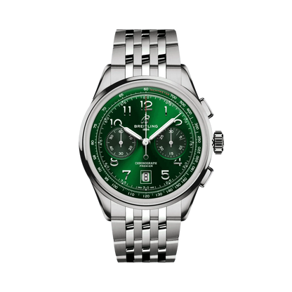 Breitling chronograph watch with a green dial, two dark subdials, Arabic numerals, date window at 6 o’clock, silver tone case and metal bracelet.