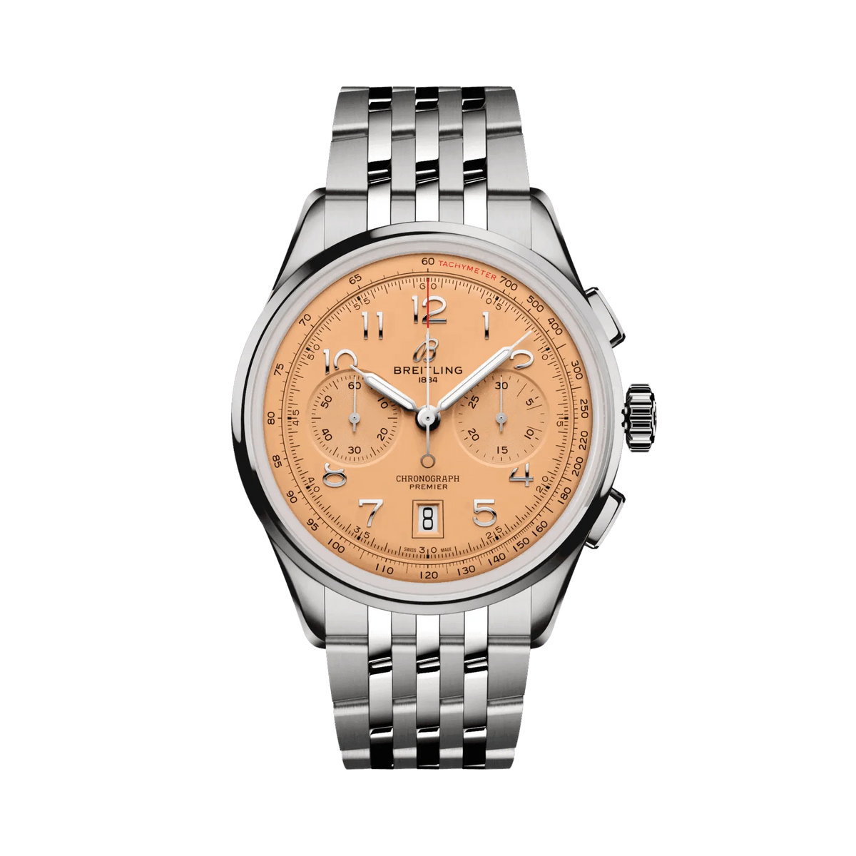 Breitling chronograph watch with a salmon dial, two matching subdials, silver Arabic numerals, date display, silver tone case and metal link bracelet.
