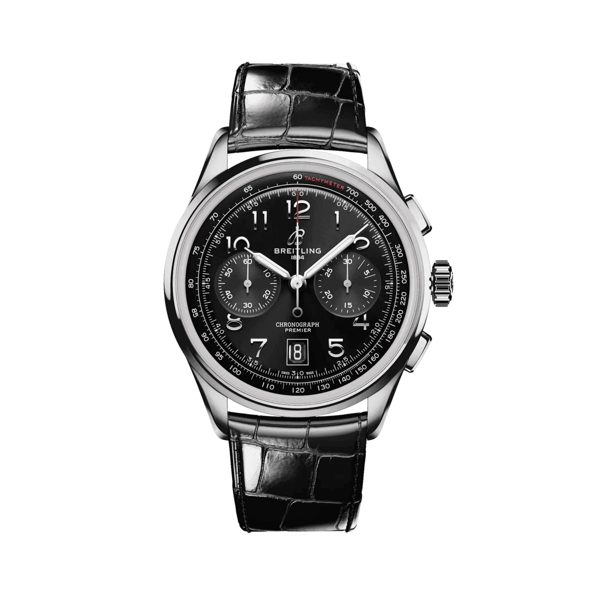 Breitling chronograph watch with a black dial, two matching subdials, silver Arabic numerals, date display, silver tone case and black leather strap.