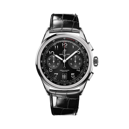 Breitling chronograph watch with a black dial, two matching subdials, silver Arabic numerals, date display, silver tone case and black leather strap.