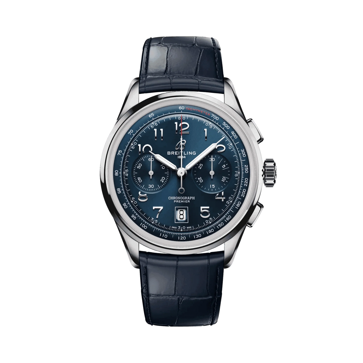 Breitling Premier chronograph watch with a blue dial, three subdials, Arabic numerals, date display, silver tone case and dark blue leather strap.