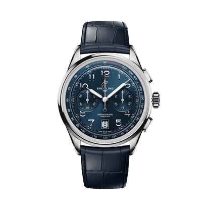 Breitling Premier chronograph watch with a blue dial, three subdials, Arabic numerals, date display, silver tone case and dark blue leather strap.